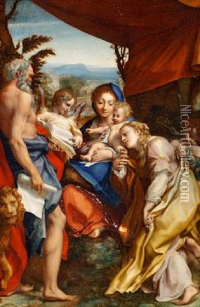 The Virgin And Child With Saints Jerome And Mary Magdalene (after Corregio) Oil Painting - Andrea Piazza