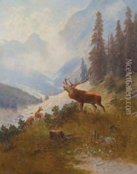 Bellowing Stag In The Mountains Oil Painting - Ludwig Skell