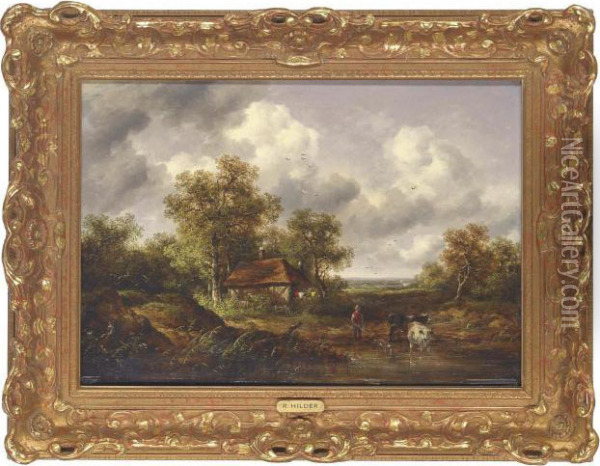 A Wooded Landscape With A Woodsman Watering Cattle At A Pond Oil Painting - Richard Hilder