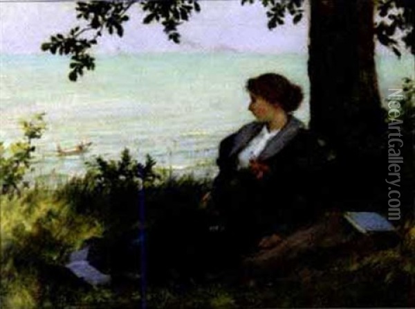 Woman In Blue Seated By The Seashore, Boats In The Distance Oil Painting - Charles Courtney Curran