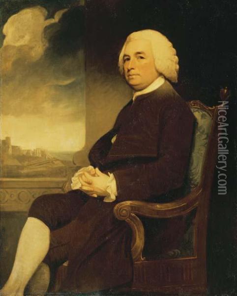 Portrait Of Michael Russell (1711-1793), Seated, With Dover Castlebeyond Oil Painting - George Romney