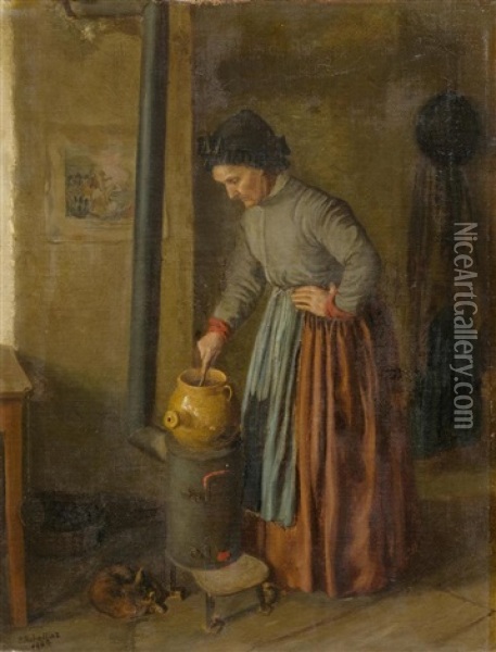 Woman Cooking In The Kitchen Oil Painting - Emile Robellaz