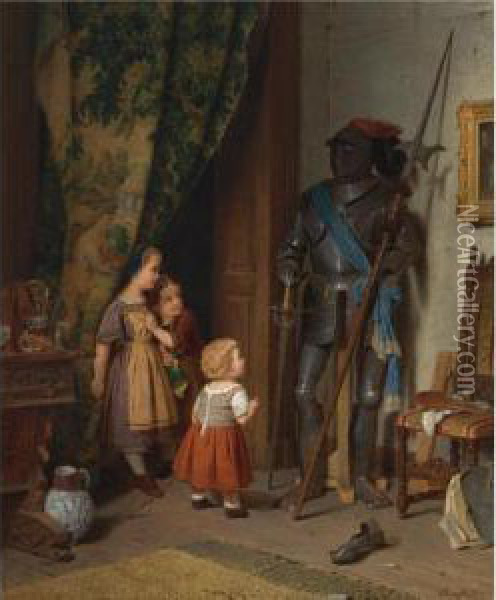Children In The Painter's Studio Oil Painting - August Friedrich Siegert