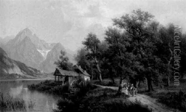 Gebirgssee Mit Wassermuhle Und Den Schneebedeckten Bergen Im Hintergrund Oil Painting - Josef Burgaritzky