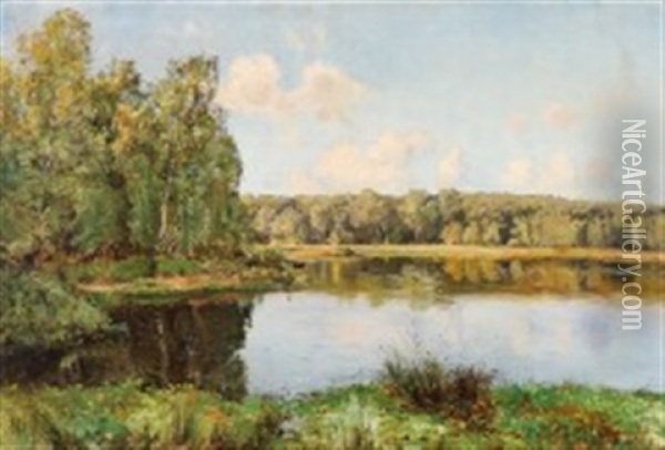 A Summer Landscape Near Lake And Forest Oil Painting - Frederik Julius August Winther