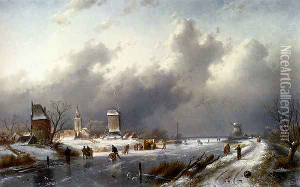 A Frozen Winter Landscape With Skaters Oil Painting - Charles Henri Joseph Leickert