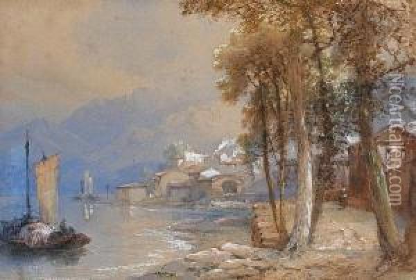 Italian Lake Scene With Mountains In Thedistance Oil Painting - Edward M. Richardson