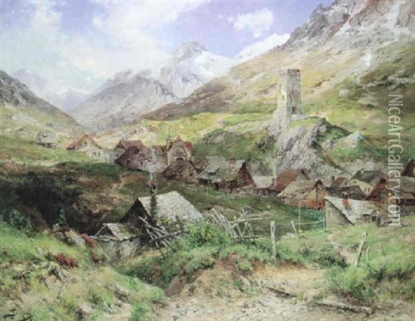 Blick Auf Hospenthal (kanton Uri) Mit Langobardischer Burgruine Oil Painting - Jacques Matthias Schenker