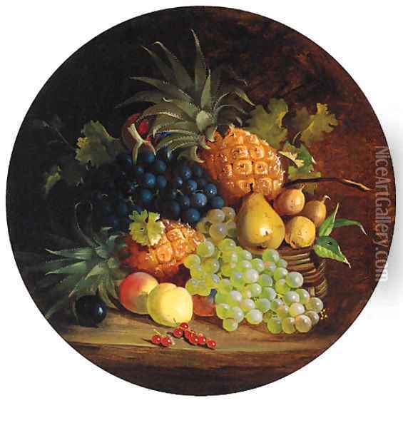 Grapes, Pears, Apples, Redcurrants And Pineapples In A Wicker Basket, On A Table Oil Painting - Eloise Harriet Stannard