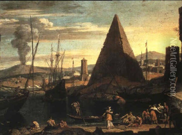 Mediterranean Harbour Scene With A Pyramid Oil Painting - Adriaen Van Der Cabel