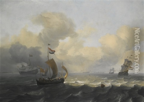 Dutch Vessels Off A Coastline On A Breezy Day Oil Painting - Ludolf Backhuysen the Elder