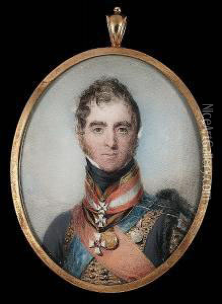 Henry Paget, 1st Marquess Of Anglesey (1768-1854), Wearing The Uniform Of The 7th Hussars, Blue Coat With Gold Frogging, Breast Star Of The Guelphic Order Of Hanover And Of The Orders Of The Garter And Bath On His Pelisse, Hung Over His Left Shoulder, The Oil Painting - John Inigo Wright