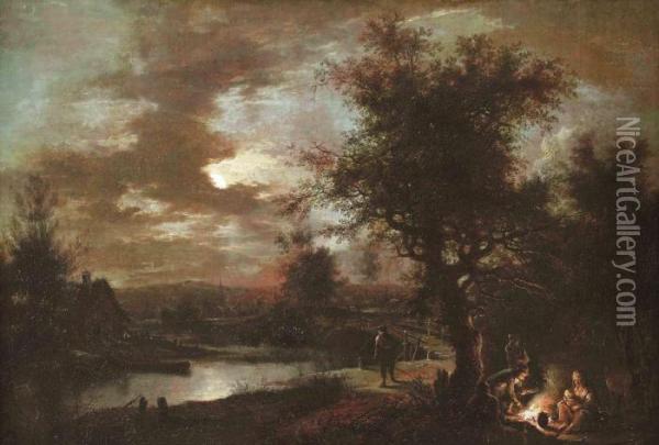 A Moonlit River Landscape With Figures By A Fire Oil Painting - Joseph Conrad Seekatz