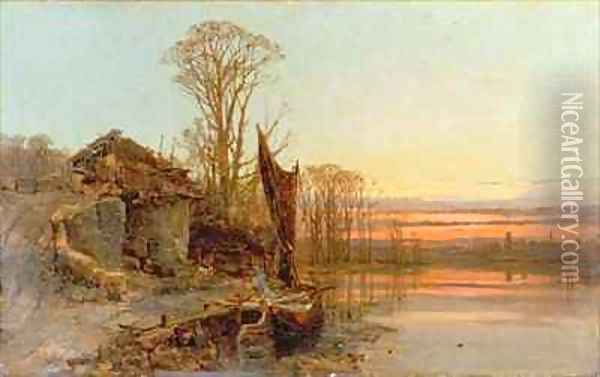 Landscape with a Ruined Cottage at Sunset Oil Painting - Charles Brooke Branwhite