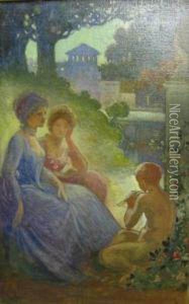Pan And Two Ladies Oil Painting - James Eadie Reid