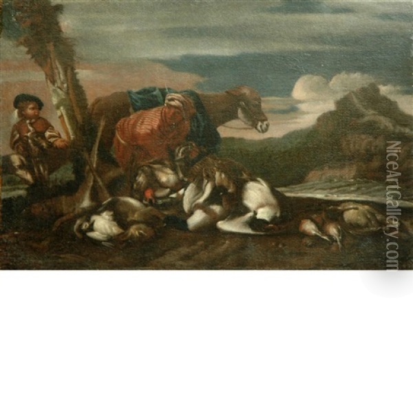 Hunters With Felled Game In A Landscape Oil Painting - Giovanni Benedetto Castiglione
