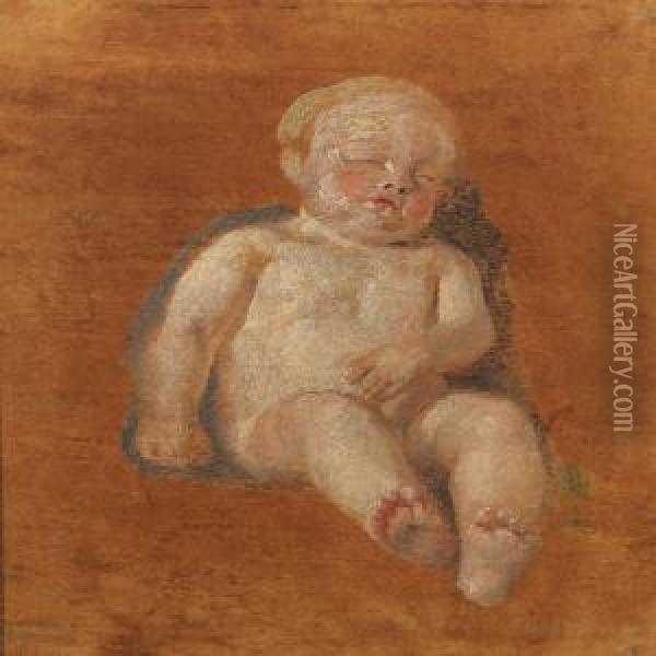 A Sleeping Child, Presumably The Artist's Oil Painting - Constantin Hansen