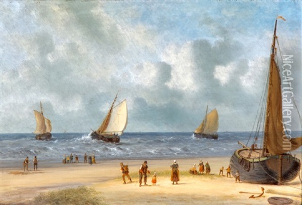 Strandgezicht Met Figuren Oil Painting - Carl Eduard Ahrendts