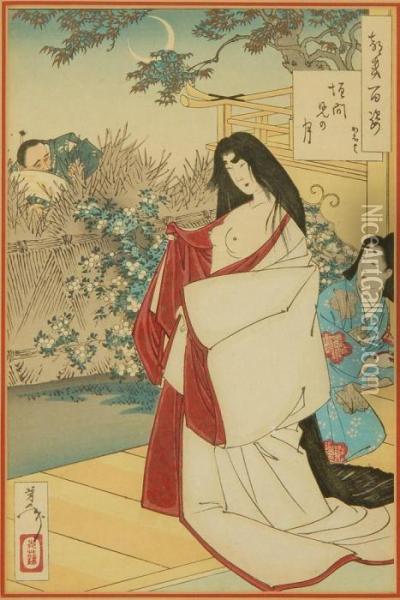 A Man Observing A Woman As She Disrobes Oil Painting - Tsukioka Kinzaburo Yoshitoshi