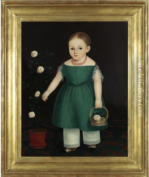 Portrait Of A Young Girl In Green Dress With Pot Of Flowers Oil Painting - John Bradley