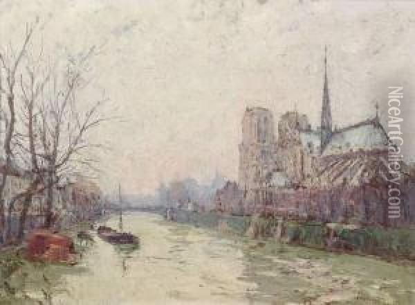 Notre Dame De Paris Vue Du Petit Pont 1939 Huile Sur Panneau. Oil Painting - Rene Hanin