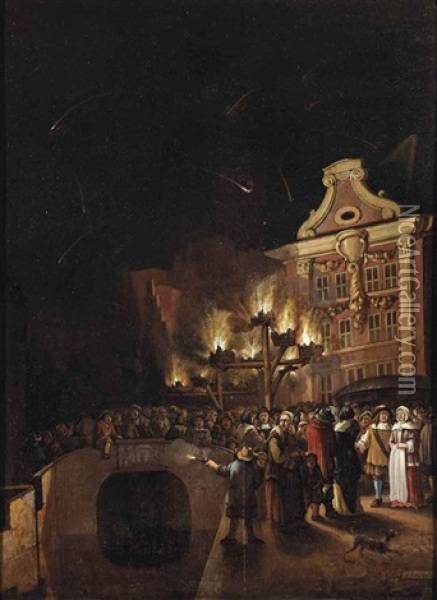 Fireworks And Torchlight Along The Delftsevaart In Rotterdam, The Laurenskerk Beyond Oil Painting - Philipp van Leeuwen