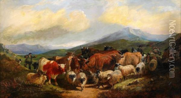 Boskap Pa Hoglanderna Oil Painting - Henry Charles Woollett