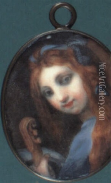 A Lady Dressed In Blue With Matching Ribbon In Her Auburn   Hair, Holding A Violin Oil Painting - Margaret, Lady Bingham