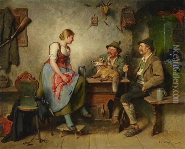 Two Hunters With A Fox And Girl Oil Painting - Hugo Wilhelm Kauffmann