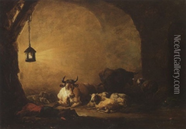 Schlafender Hirte Und Vieh Oil Painting - Johann Zick