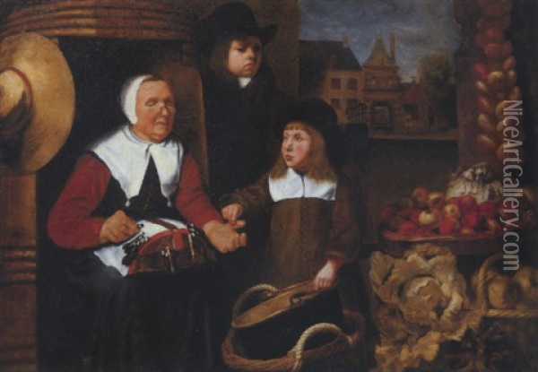 A Market Scene With Two Boys By A Vegetable Seller Making Lace, The St. Jorispoort In Dordrecht Beyond Oil Painting - Jan Vollevens the Elder