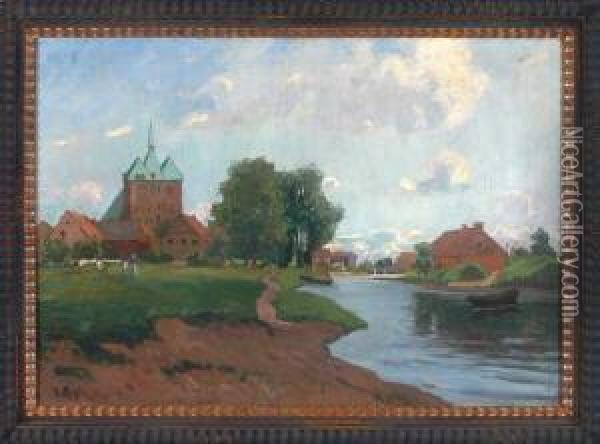 Sommerliche Flusslandschaft Am Stadtrand Mit Blick Auf Eine Romanische Backsteinkirche Oil Painting - Hanna Mehls