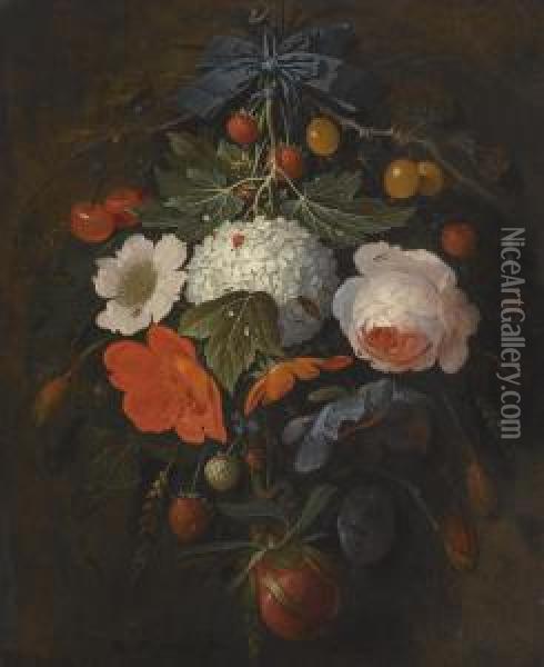 A Festoon Of Flowers And Fruit, Including A Pink Rose, A Poppy, A Snowball, Gooseberries And Fraises De Bois, Along With A Variety Of Insects Oil Painting - Abraham Mignon