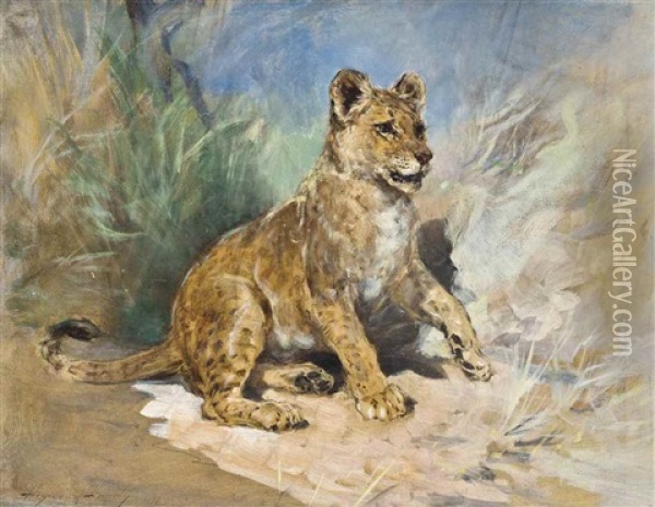 A Lion Cub Oil Painting - Heywood Hardy
