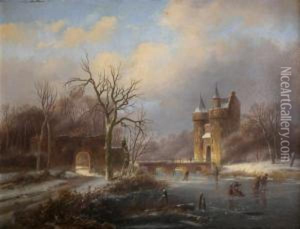 Winterlandschap - Paysage Hivernal. Oil Painting - Johannes Petrus van Velzen