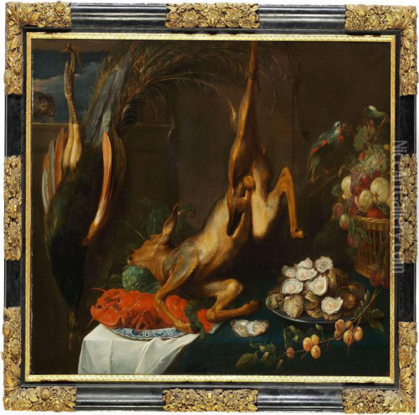 Nature Morte With Roedeer, Wild Fowl, Parrots, Lobster And Oysters Oil Painting - Frans Snyders