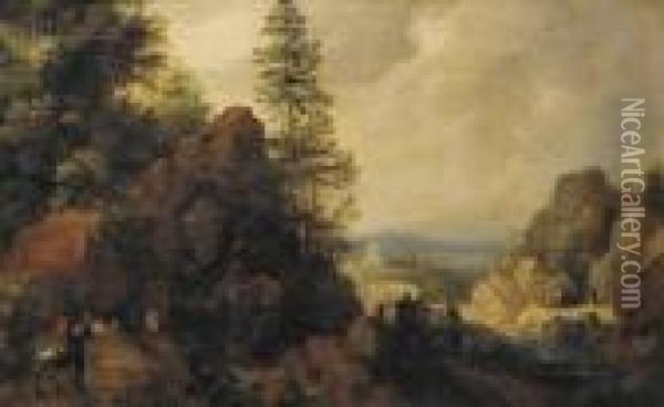 Travelers In Mountainous Terrain Oil Painting - Gillis Claesz De Hondecoeter