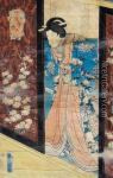 Kobieta Wychodzaca Z Wnetrza Domu Oil Painting - Kunisada