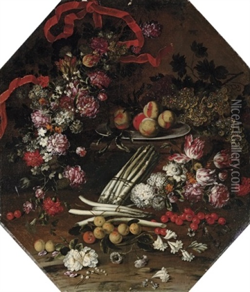 Asparagus, Cherries, Peaches And Flowers On A Wooden Ledge Oil Painting - Felice Boselli