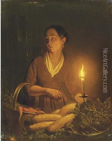 A Girl At The Night Market Oil Painting - Petrus van Schendel
