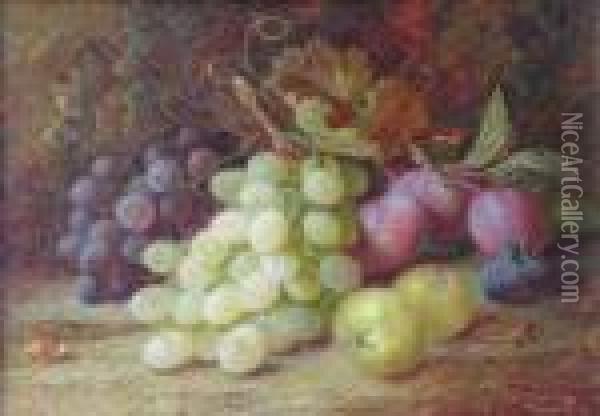 A Still Life With Grapesplums And Apples On Mossy Bank Oil Painting - Vincent Clare