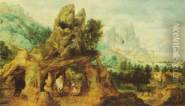 An Extensive Rocky Landscape With The Flight Into Egypt Oil Painting - Herri met de Bles