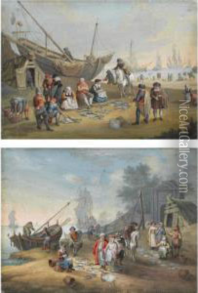 A Pair Of Shore Scenes With Fisherfolk Selling Their Wares Oil Painting - Jacques Willem Van Blarenberghe