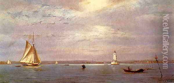 Robin's Reef Lighthouse off Tomkinsville, New York Harbor Oil Painting - Francis Augustus Silva