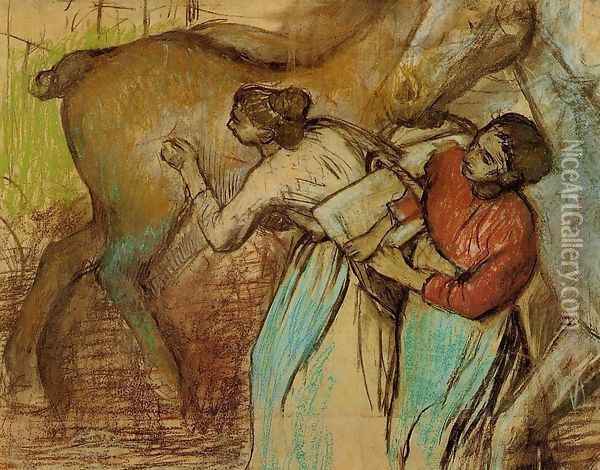 Two Laundresses and a Horse Oil Painting - Edgar Degas