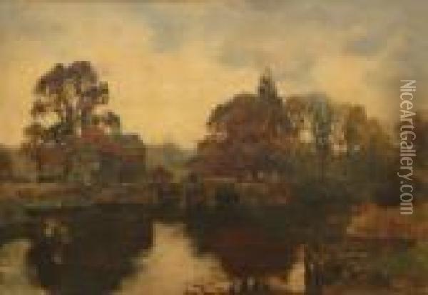 Stone Farmhouse Andbridge In Landscape Oil Painting - Henry John Yeend King