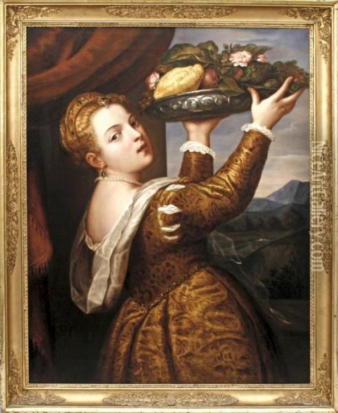 Junge Frau Mit Fruchtschussel Oil Painting - Tiziano Vecellio (Titian)