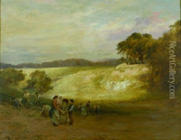 Sunlit Landscape With Peasants Gathering Vegetables Oil Painting - Heywood Hardy