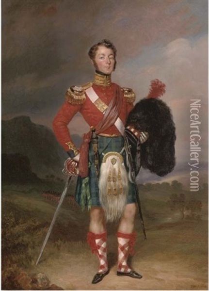 Portrait Of Captain Robert Williamson Ramsay In The Uniform Of The 42nd Foot, The Black Watch, In A Highland Landscape Oil Painting - Charles-Achille d' Hardiviller