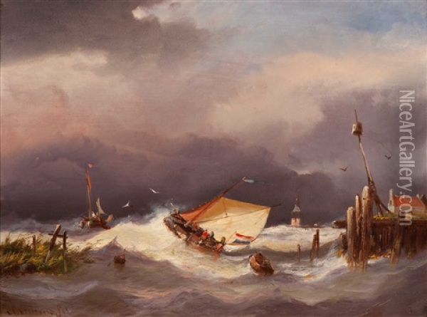 Ships Near The Coast In Choppy Waters Oil Painting - Adrianus David Hilleveld